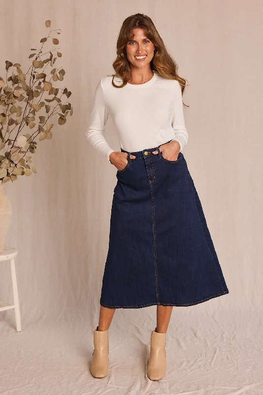 Adrift Denim A-Line Skirt in Dark Wash