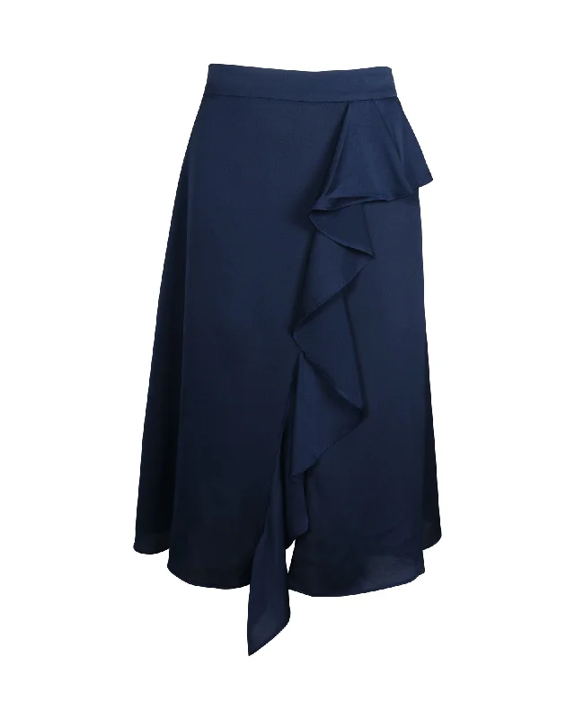 Iris & Ink Ruffled Midi Skirt in Navy Blue Polyester