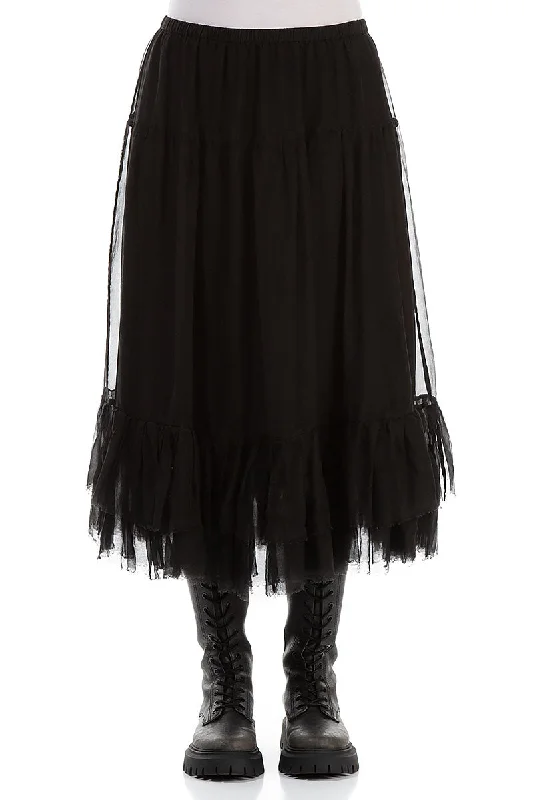 Ruffled Black Silk Chiffon Midi Skirt