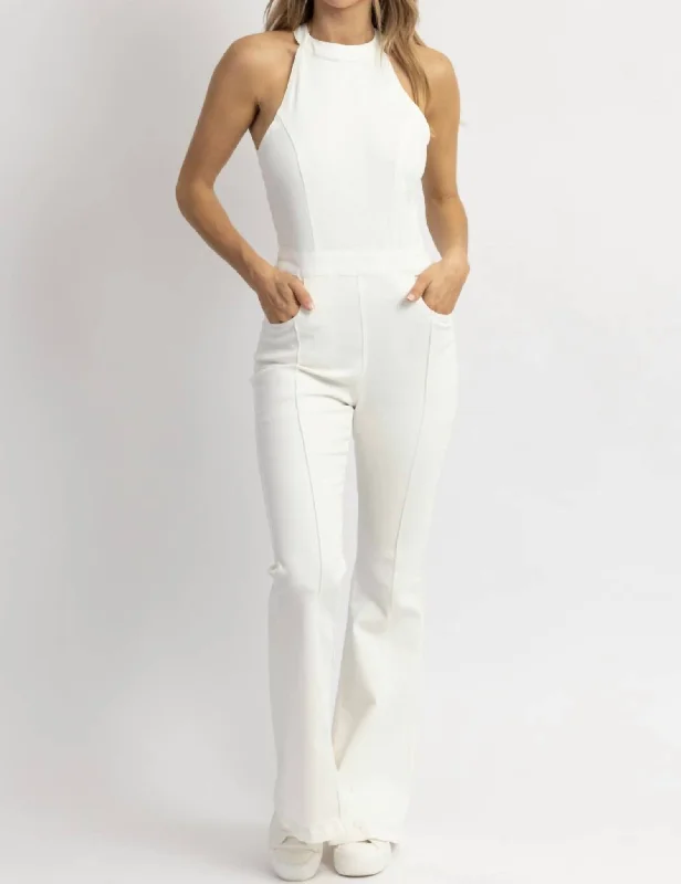 Alia Halterneck Zippered Denim Jumpsuit In White