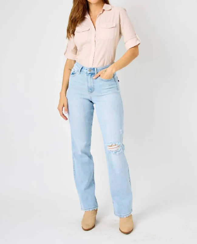 Destroy & Back Ripped 90's Straight Leg Jeans In Light Blue Wash