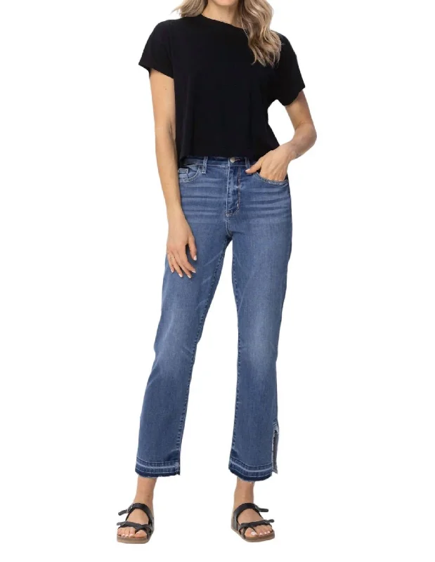 High Waist Fray Split Hem Straight Jeans In Blue Denim