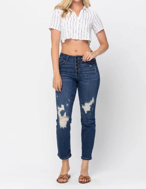 High Waist Zigzag Button Fly Boyfriend Jeans In Blue