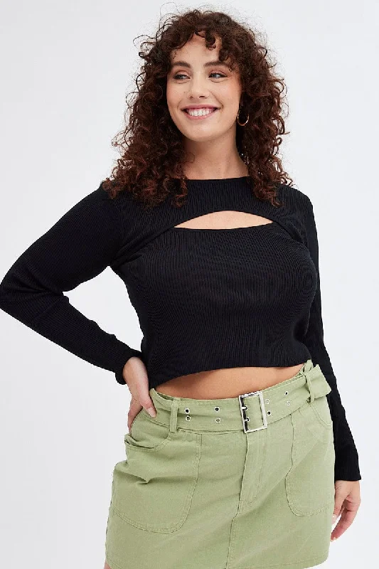 Black Knit Top Cut Out Long Sleeve