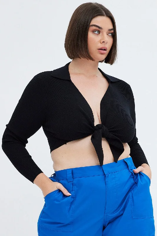 Black Knit Top Front Tie Collared Crop