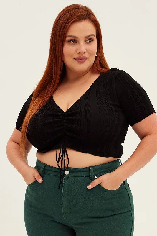 Black Knit Top Ruched Front Short Sleeve Crop