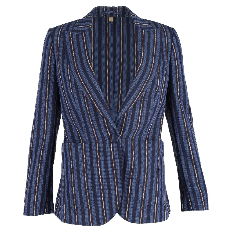 Burberry Single-Breasted Weaved-Stripe Blazer in Navy Blue Wool