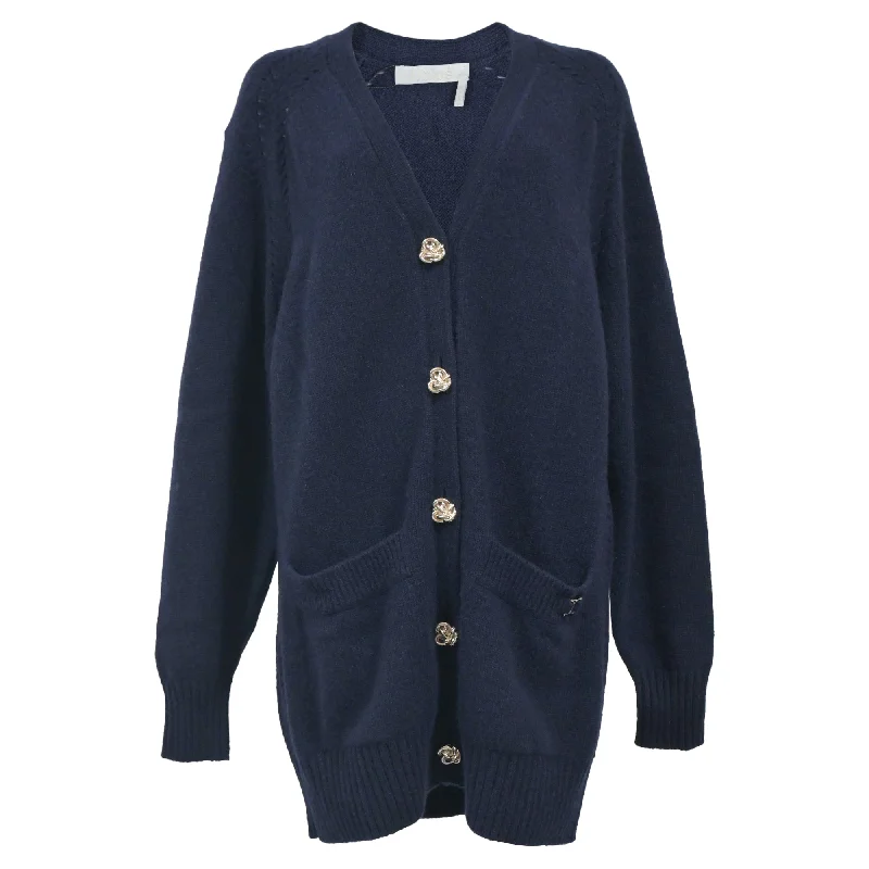 Chloe Generous V-Neck Button Down Cardigan in Navy Blue Cashmere