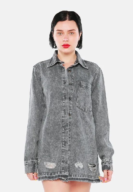 Distressed Acid Wash Denim Shacket