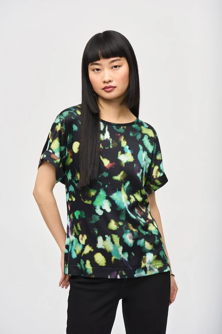 Joseph Ribkoff Satin Front Abstract Print Short Sleeve Top