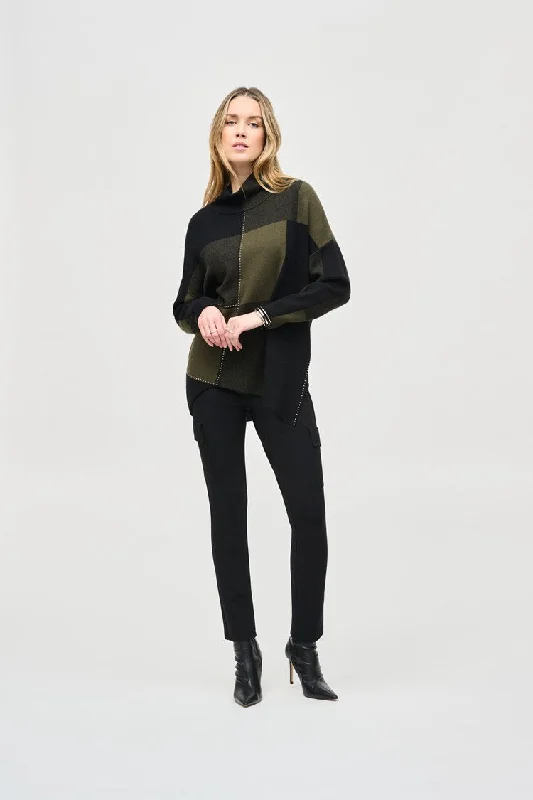 Joseph Ribkoff Iguana/Black Color-Block Jacquard Knit Pullover