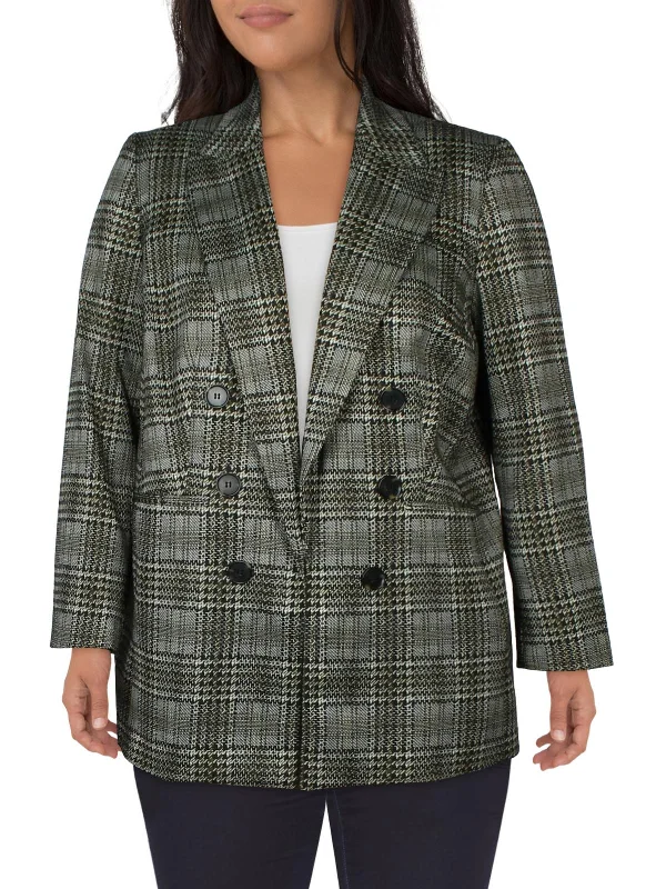 Plus Womens Plaid Double-Breasted Open-Front Blazer