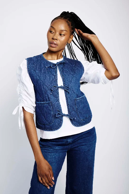 Tie Front Quilted Gilet in Denim