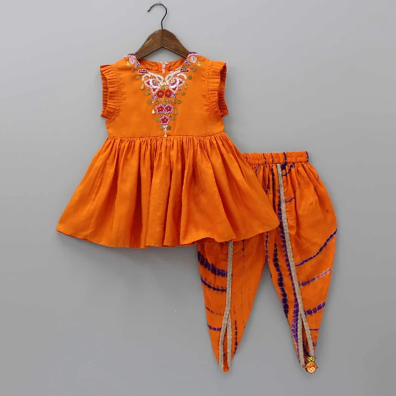 Pleated Armhole Orange Kurti And Shibori Printed Dhoti