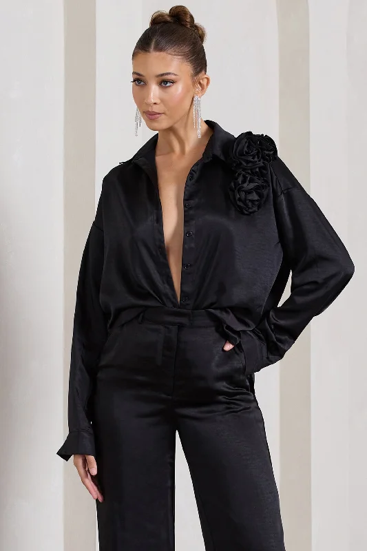 Rosanna | Black Satin Oversized Shirt With Flowers