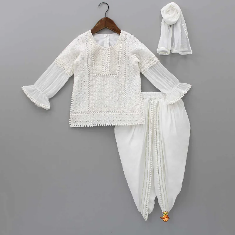 White Kurti And Tulip Style Dhoti With Net Dupatta