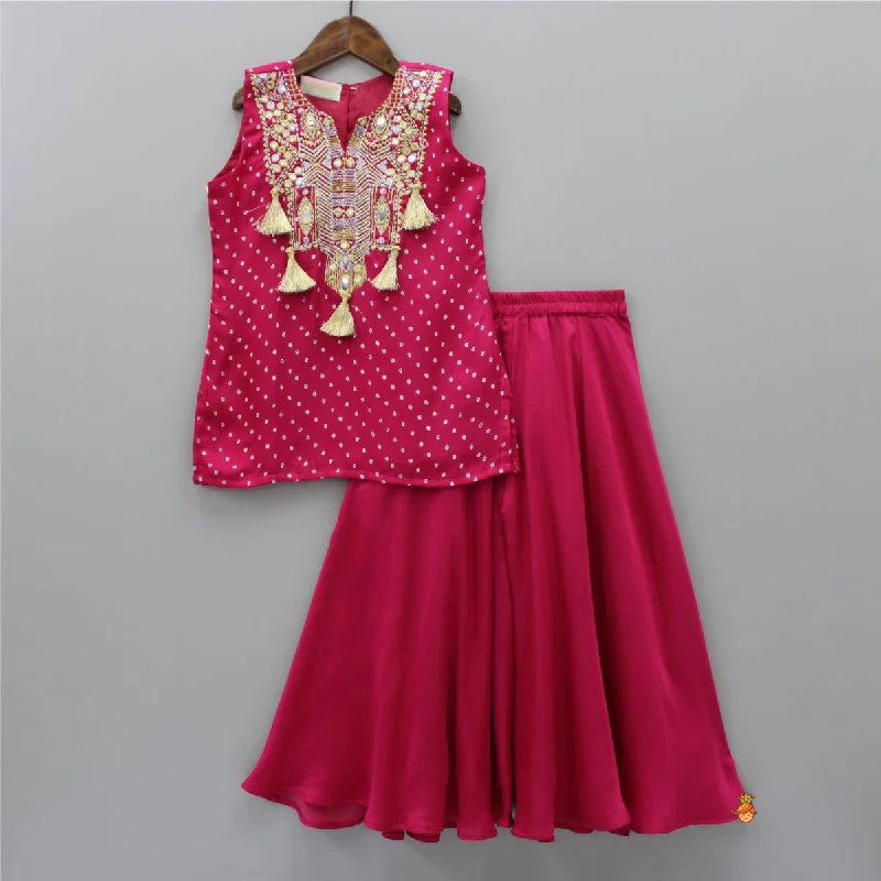 Yoke Fringes Detail Bandhani Fuchsia Pink Kurti And Flared Palazzo