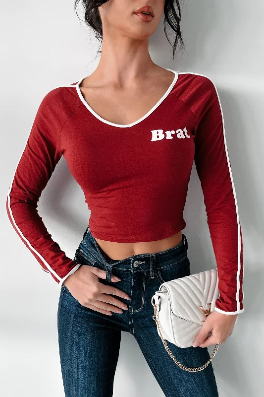 "Brat" Graphic Long Sleeve Top (Burgundy)