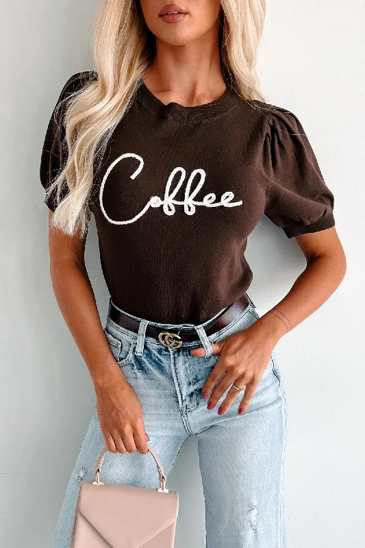 Drink Of Choice 'Coffee' Embroidered Sweater Top (Chocolate/Ivory)