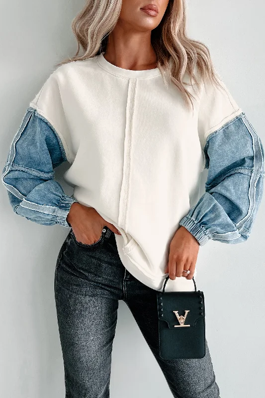 Effortless Attitude Oversized Denim Sleeve Top (Cream)