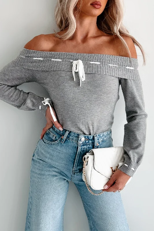 Simple Sentiments Off The Shoulder Contrast Stitch Top (Grey)