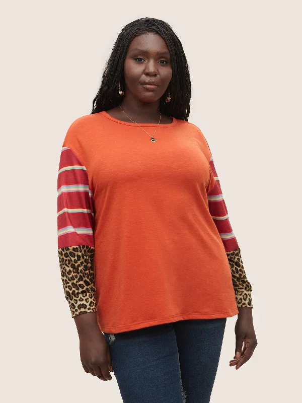 Striped Patchwork Leopard Round Neck Sweatshirt