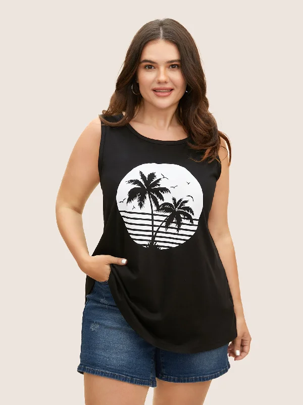 Tropical Print Heather Crew Neck Tank Top