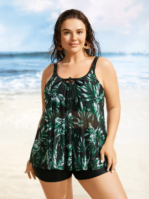 Tropical Print Tiered Mesh Tie Knot Swim Top