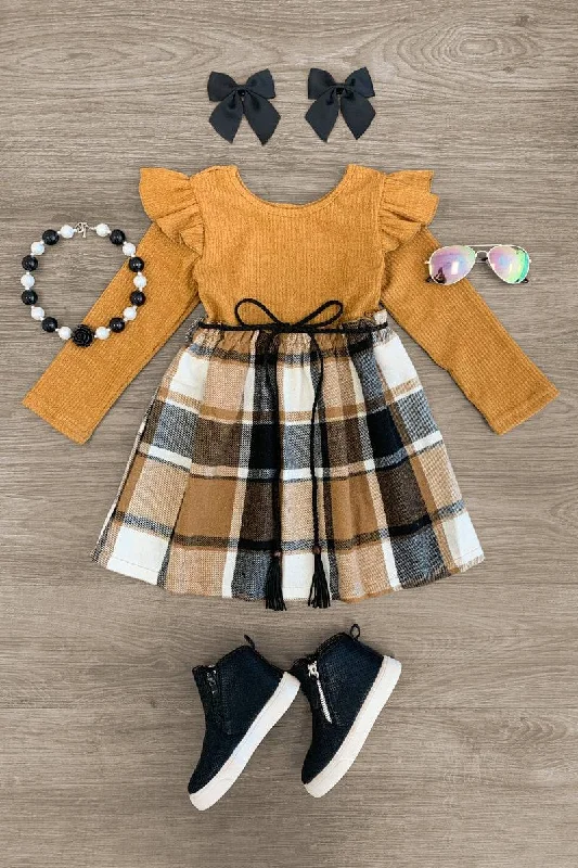 Tan Plaid Long Sleeve Dress