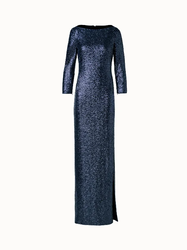 Long Sequins Jersey Evening Gown with Long Sleeves