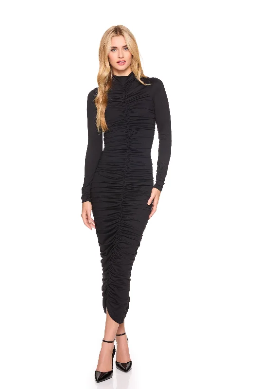 mocked neck gathered long sleeve dress