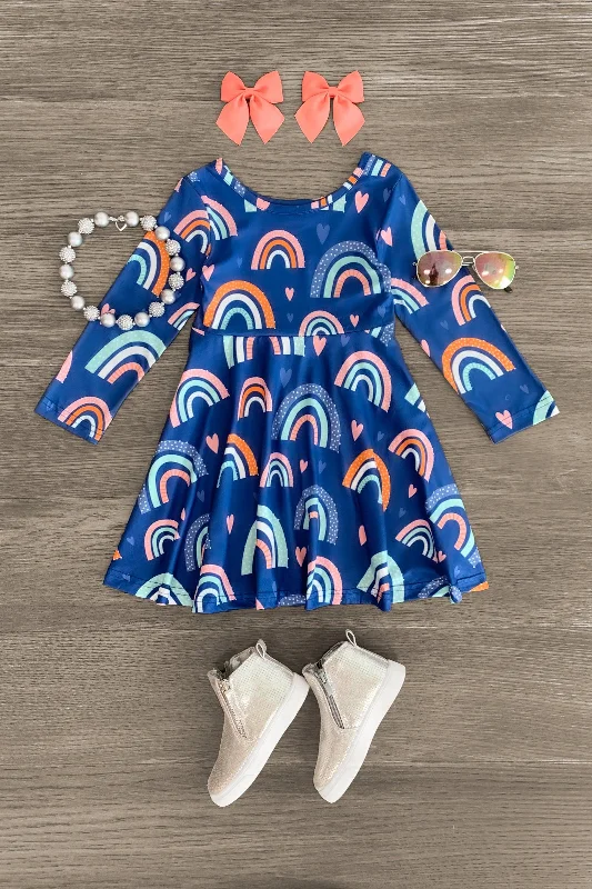 Blue Rainbow Heart Long Sleeve Dress