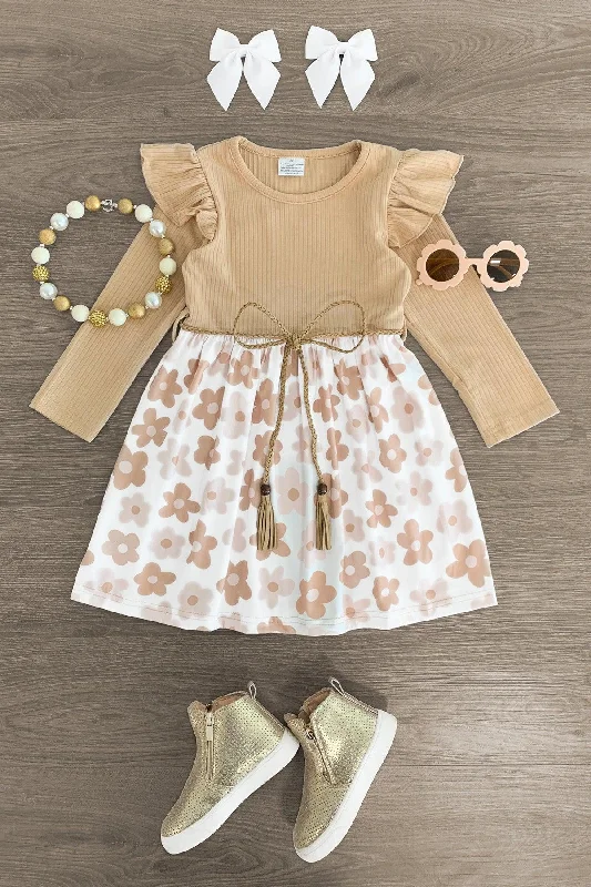 Tan & Pink Flower Long Sleeve Dress