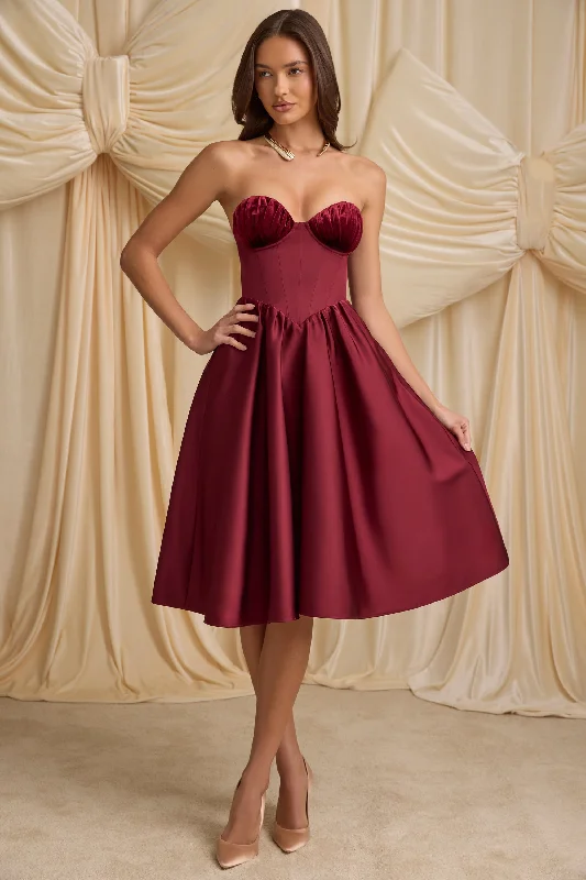 Strapless Corset Midi Dress in Wine Red