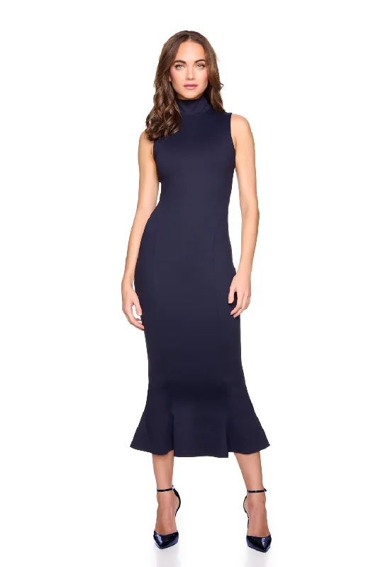 mock neck sleeveless trumpet midi dress