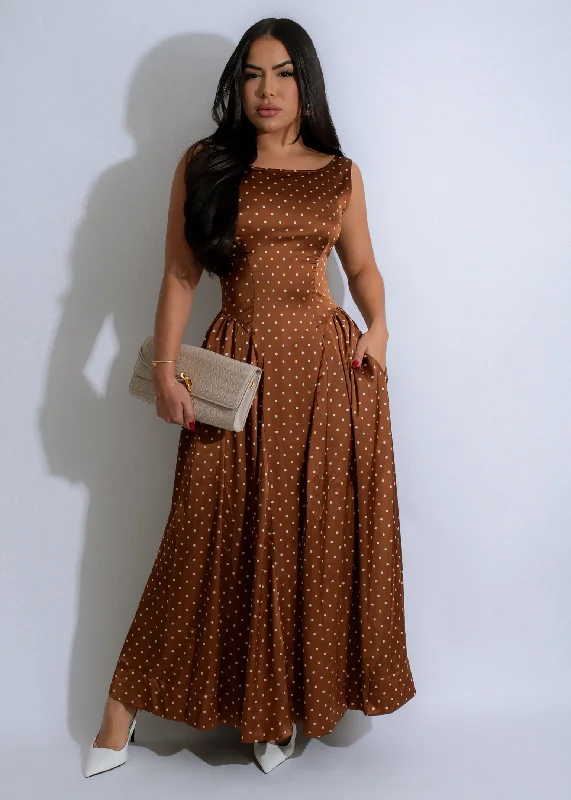 Polka Serenade Satin Midi Dress Brown