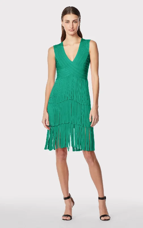 V NECK FRINGED MIDI DRESS